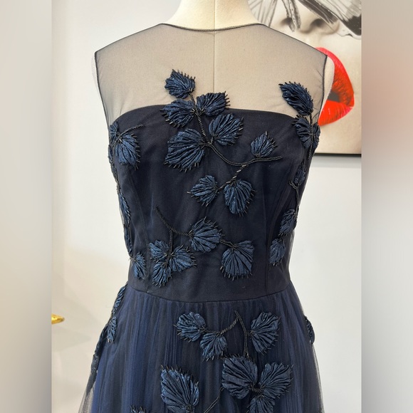 Carolina Herrera Navy Beaded And Appliqued Tulle Mid Length Dress